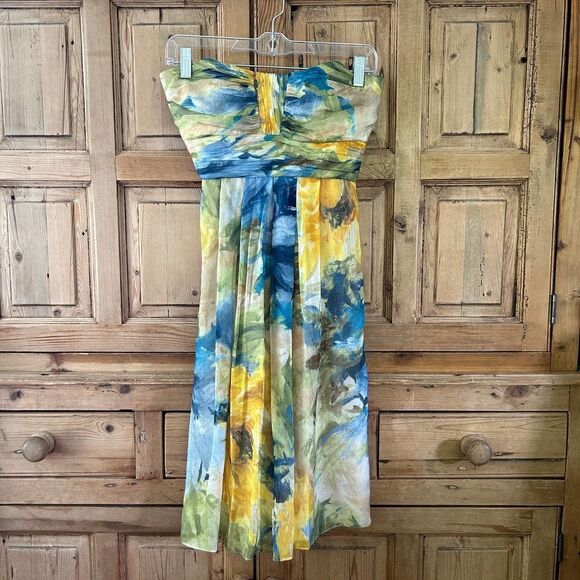 Badgley Mischka 2‎ Silk Watercolor Strapless Dress Flowy Knee Length Cocktail - Picture 1 of 13